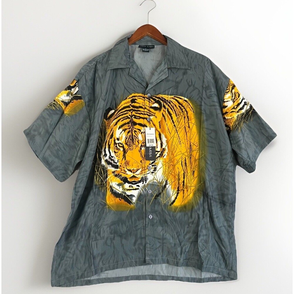 NWT Oscar Misa‎ Mens Button Shirt Sz XL Tiger Graphic Grey Casual Short Sleeve